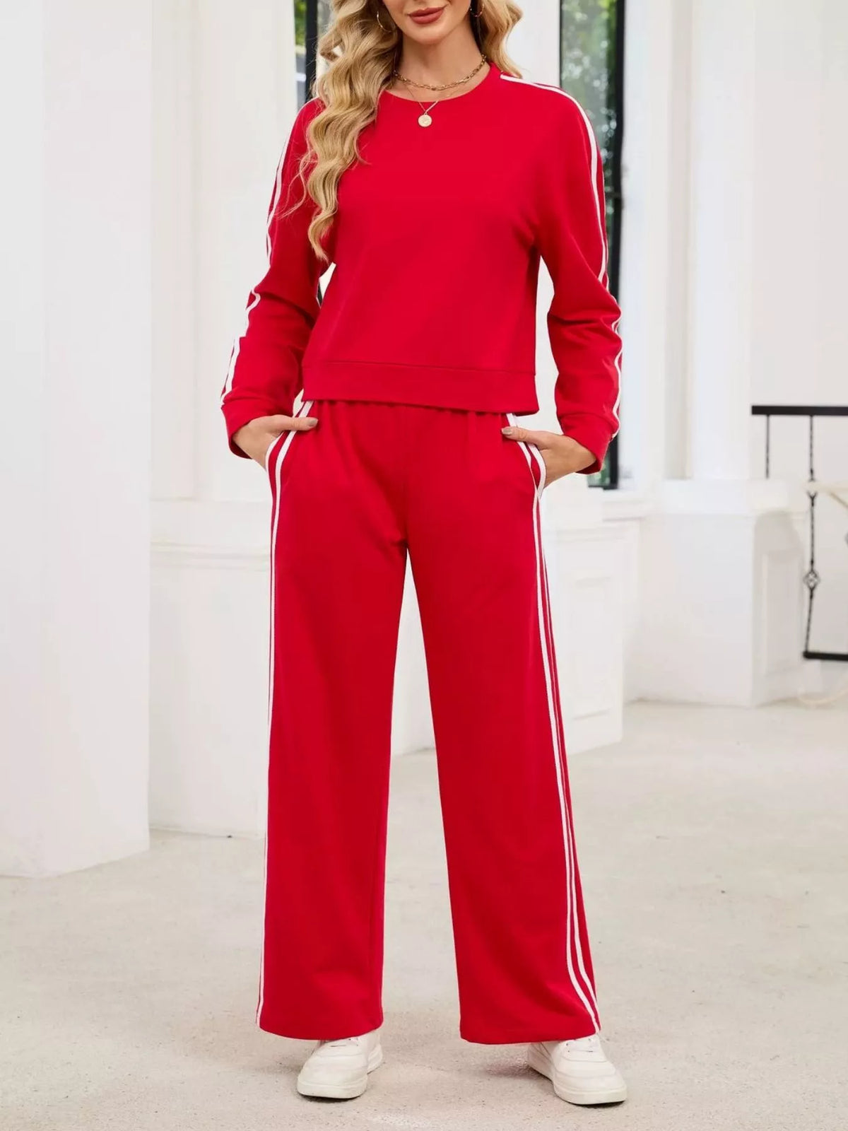Striped Round Neck Sweatshirt Pants Set (13)