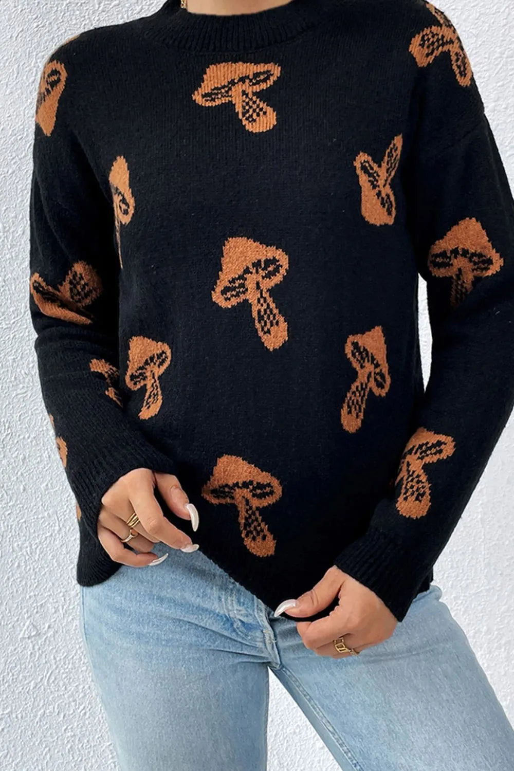 Graphic Mock Neck Dropped Shoulder Sweater (4)