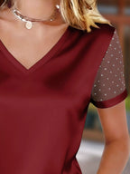 Polka Dot Mesh Sleeve Satin Short Sleeve Top (6)