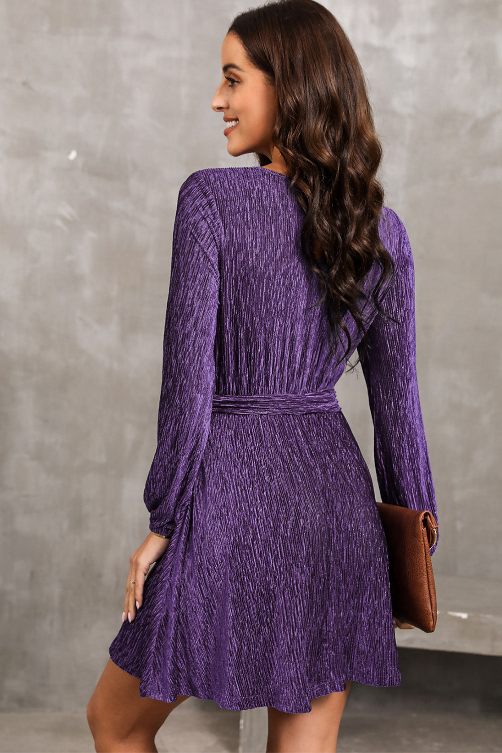 Round Neck Tie Front Long Sleeve Dress (2)