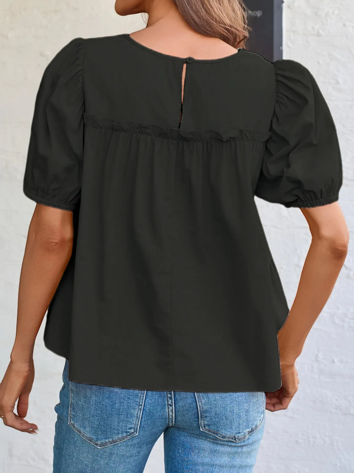 Round Neck Puff Sleeve Tiered Blouse (6)