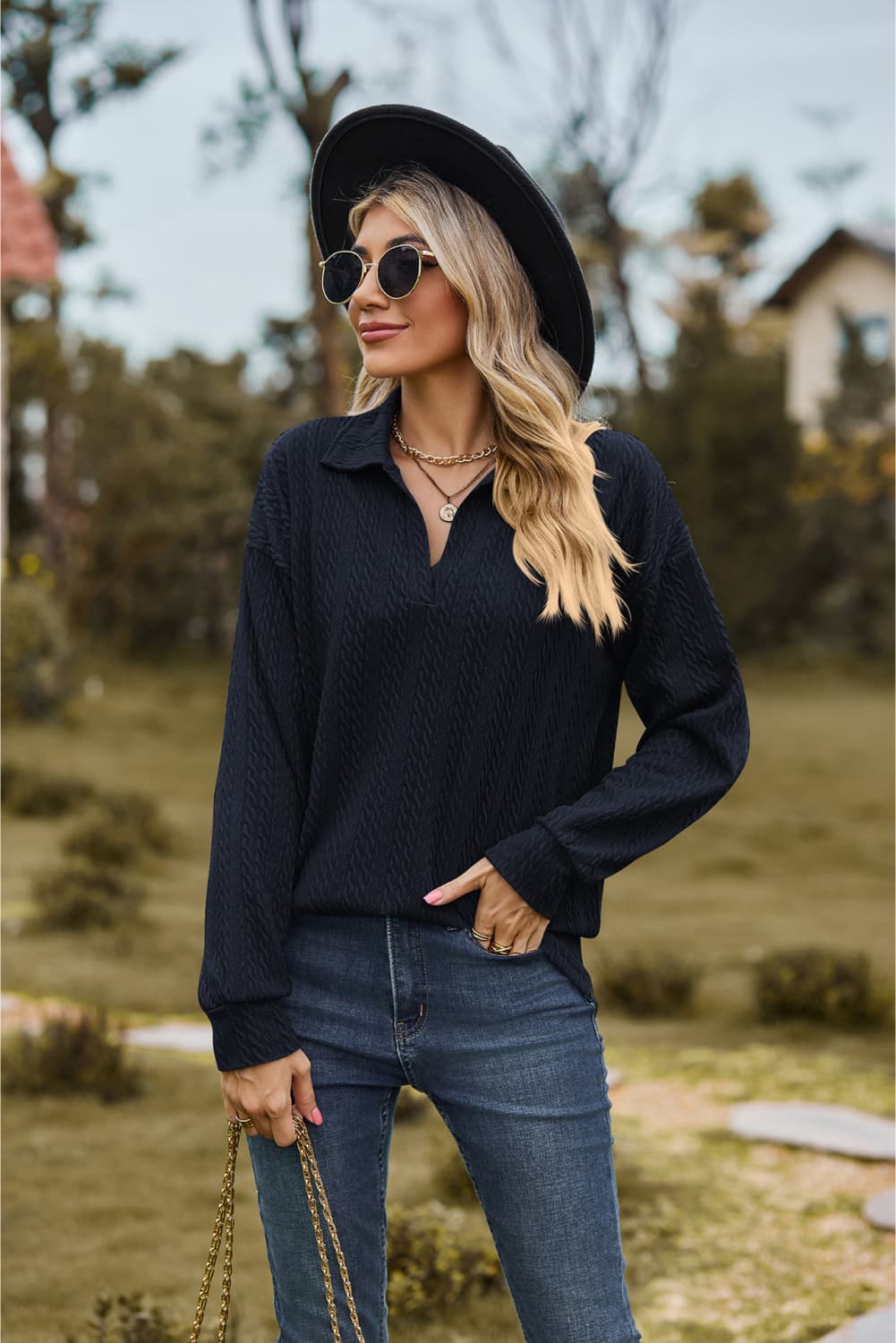 Collared Neck Cable-knit Long Sleeve Blouse (23)