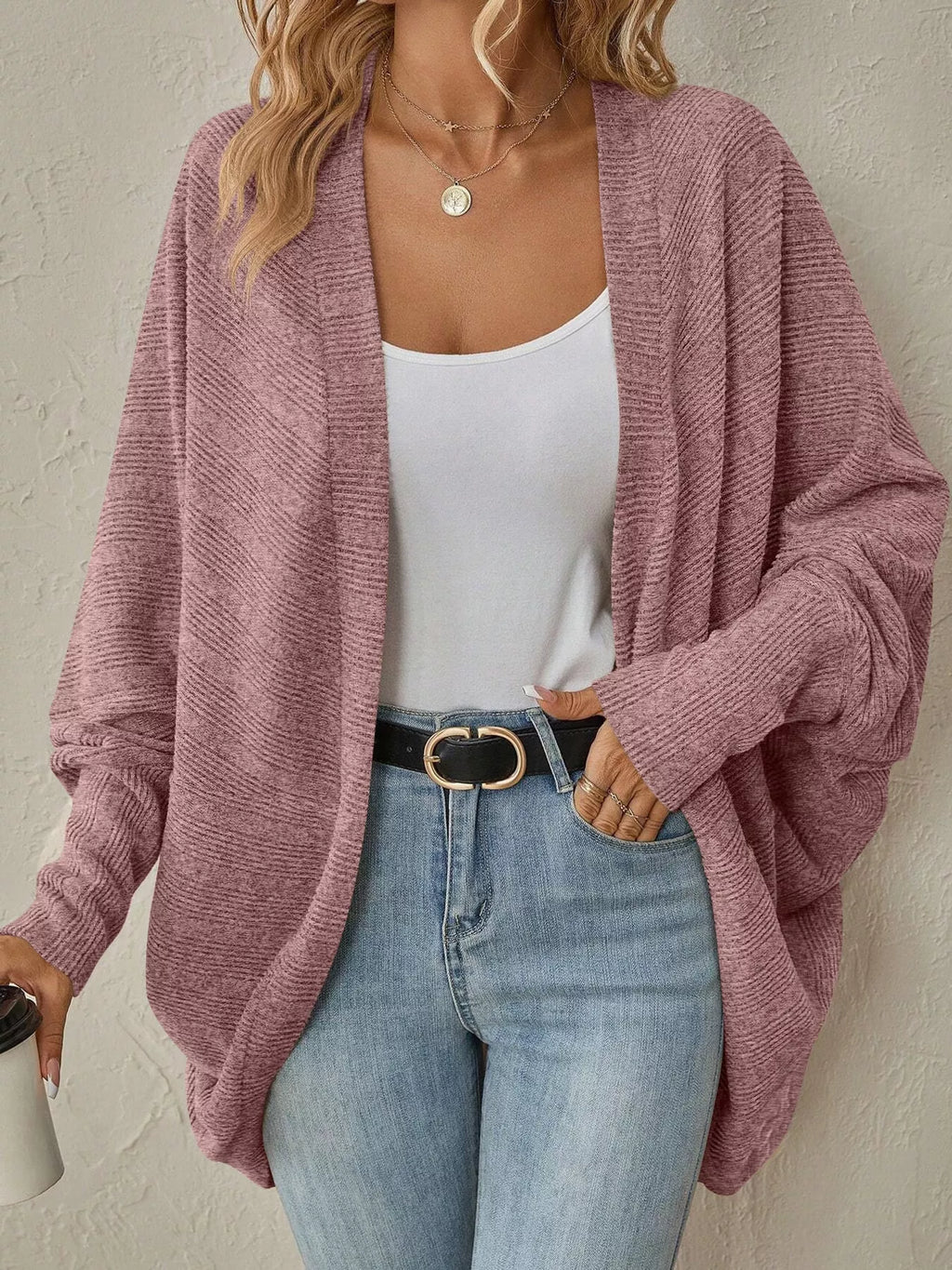 Casual Open Front Batwing Sleeve Ribbed Knit Cardigan (12)