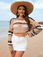Openwork Boat Neck Dropped Shoulder Cover-up (10)