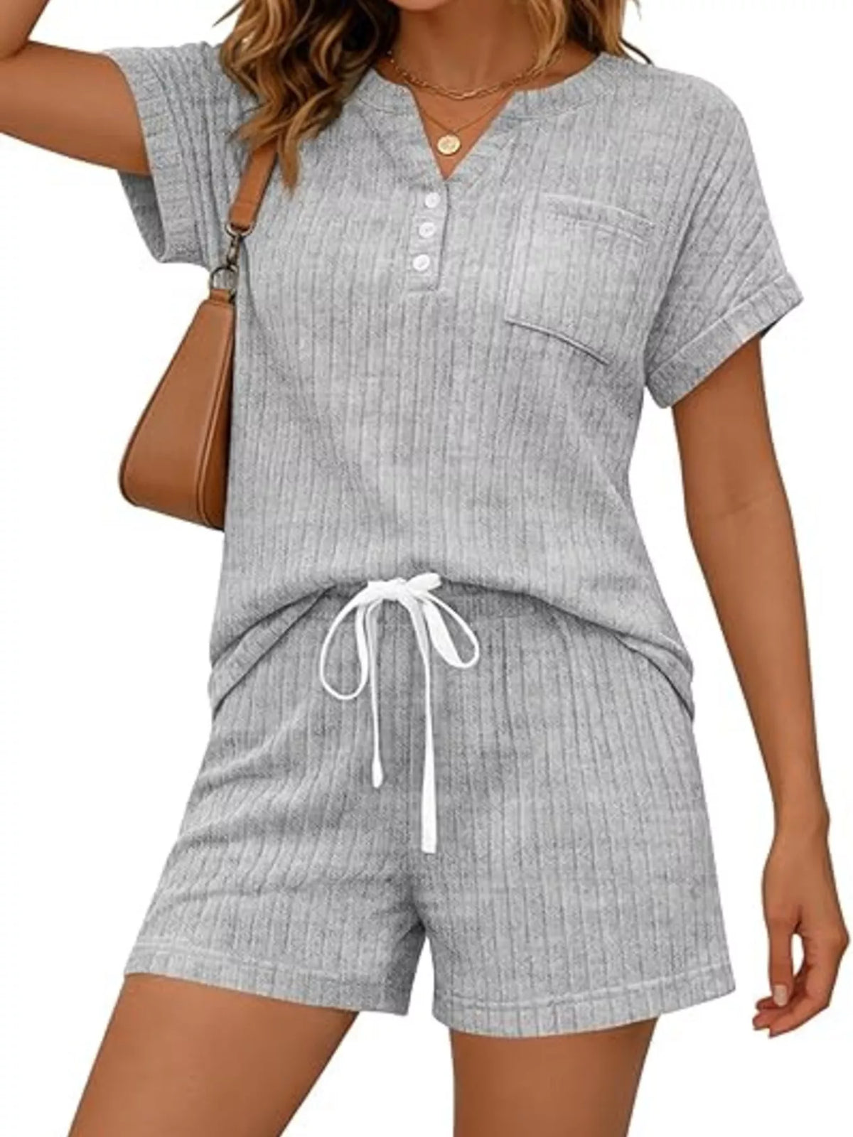 Casual Ribbed Knit Tee Shorts Set (19)