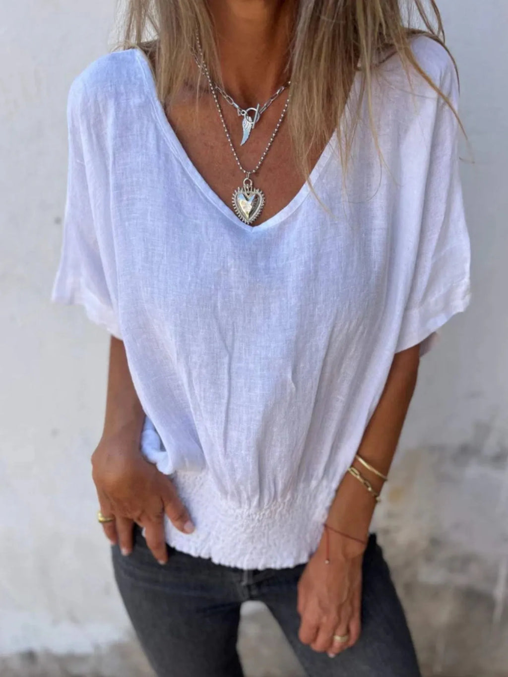 Full Size Smocked Hem V-neck Relaxed Fit T-shirt Plus