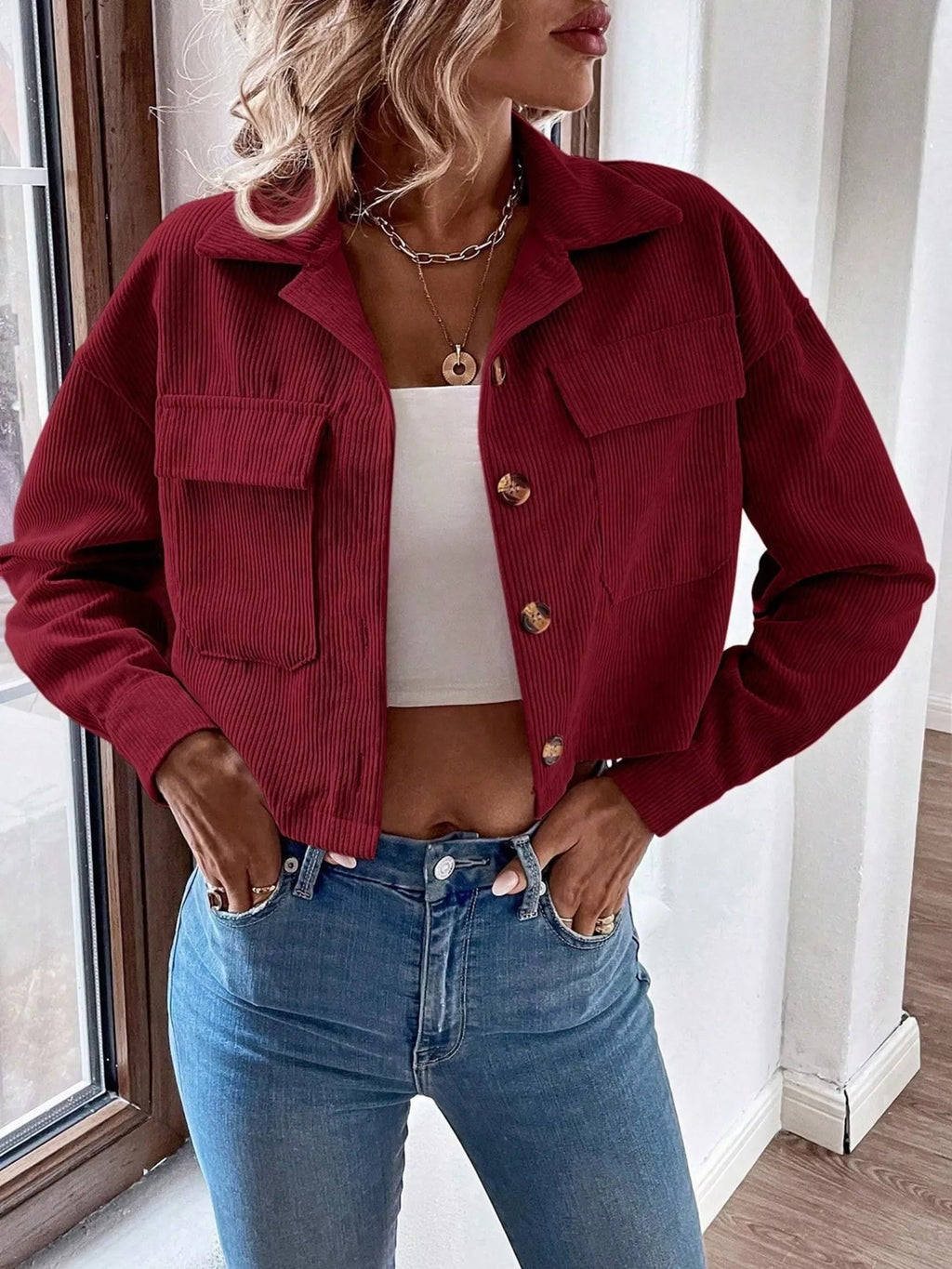 Cropped Corduroy Button-down Jacket (17)