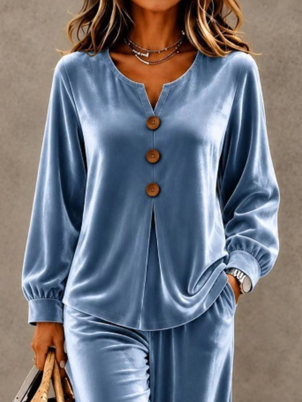 Elegant Velvet Decor-button Top Pants Set (4)