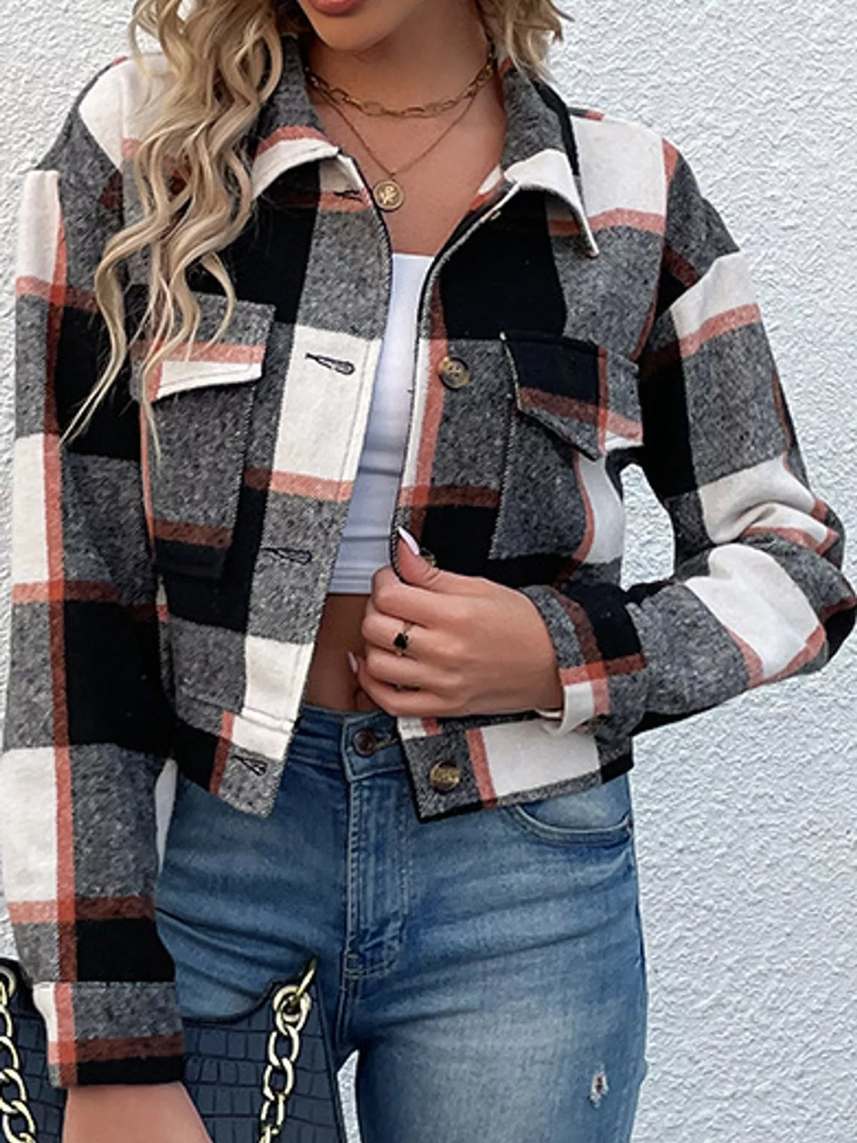 Plaid Button-front Cropped Jacket (33)