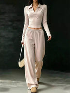 Solid Color Long Sleeve Polo Collar Top Wide Leg Pants Set (3)