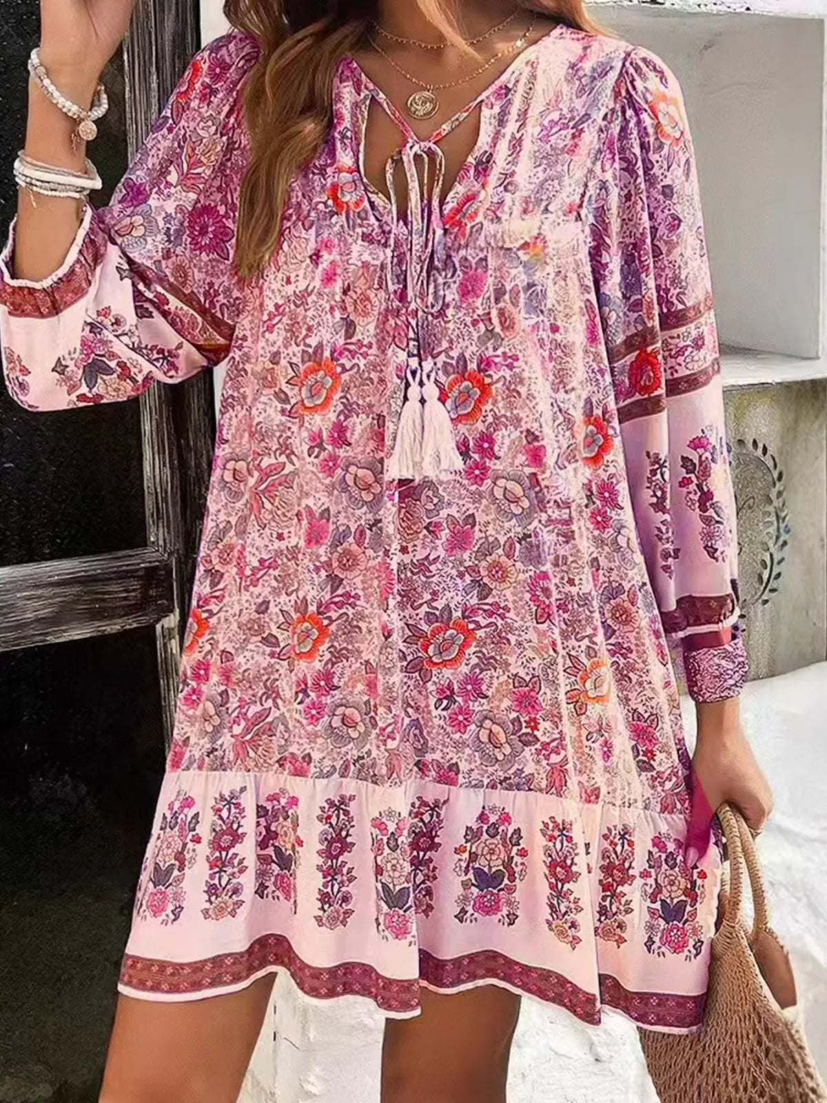 Floral Print Tassel Tie Neck Mini Dress (2)
