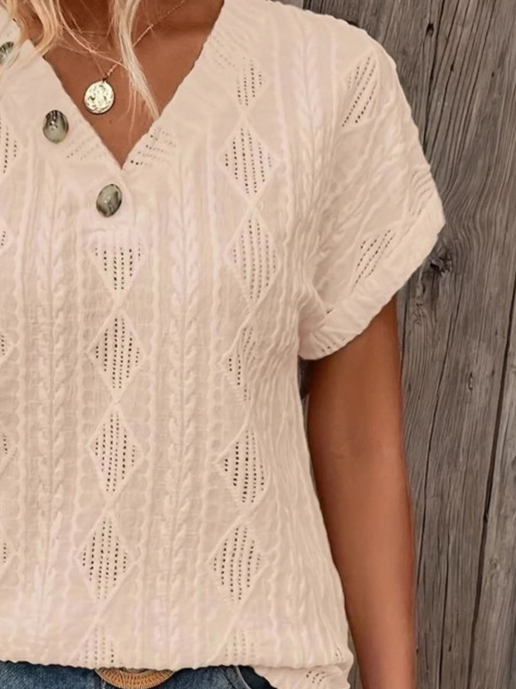 Textured V-neck Short Sleeve Top (9)