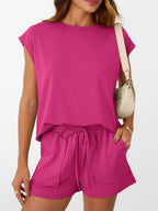 Round Neck Cap Sleeve Top Shorts Set (16)
