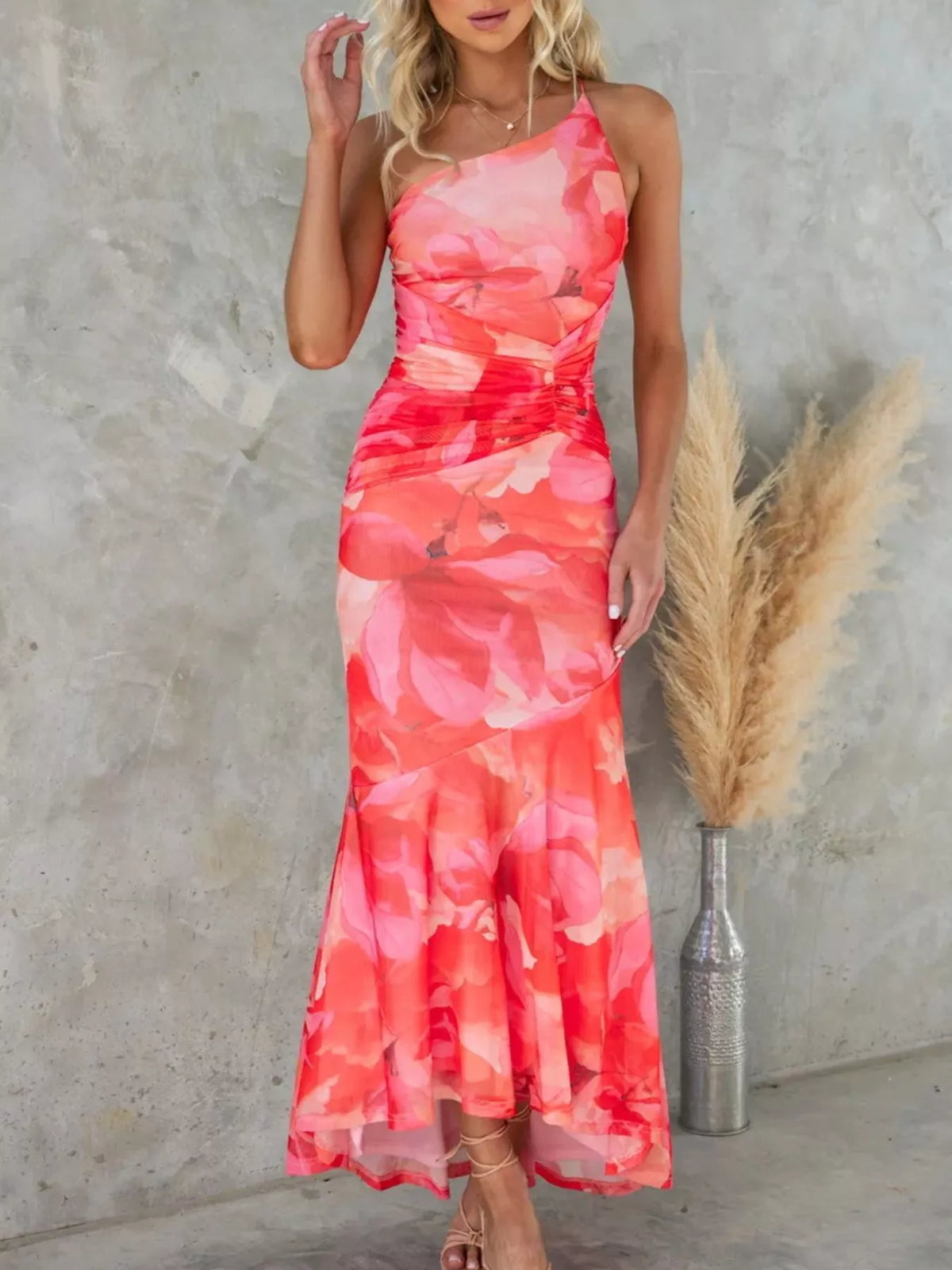 Floral Print One-shoulder Ruched Maxi Dress (6)