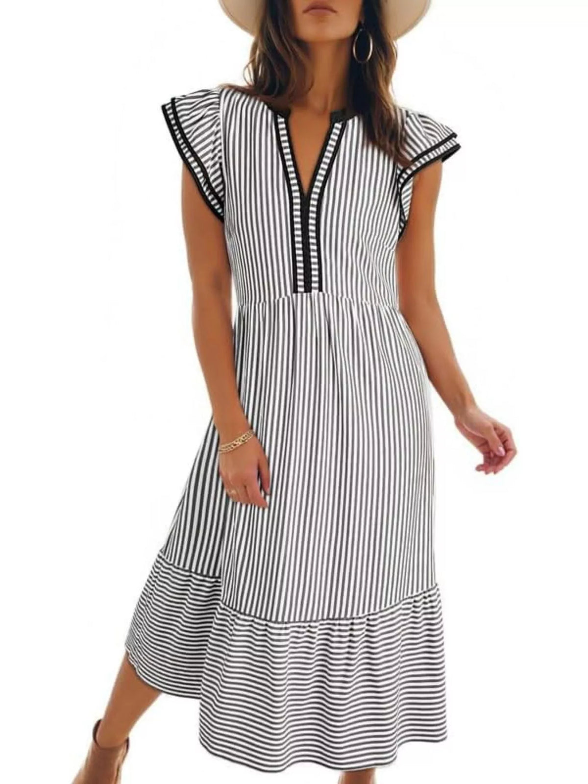 Striped Ruffle Sleeve Midi Dress (7)