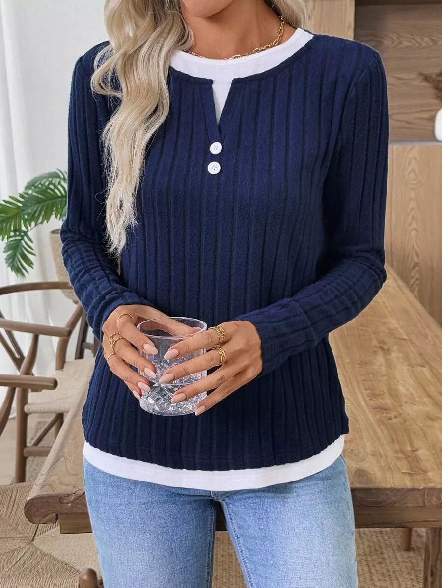 Ribbed Knit Long Sleeve Henley T-shirt (8)