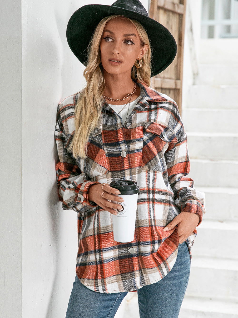 Meet You Outside Plaid Button Down Curved Hem Shacket (2)
