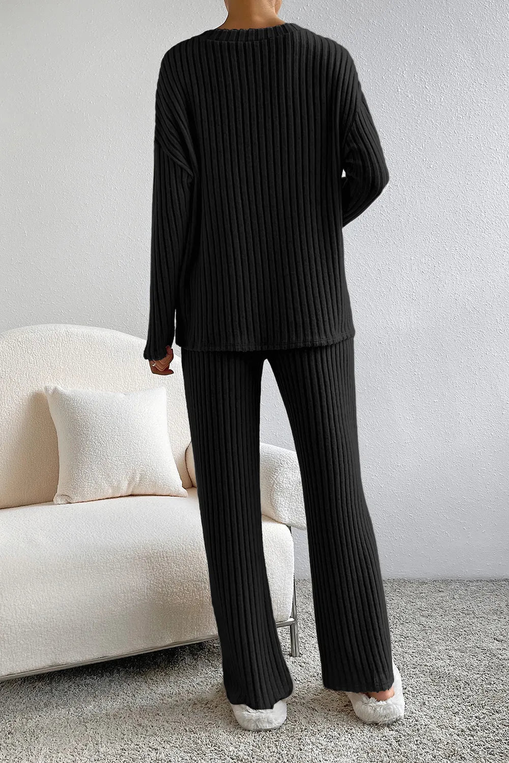 Ribbed V-neck Top Pants Lounge Set (6)