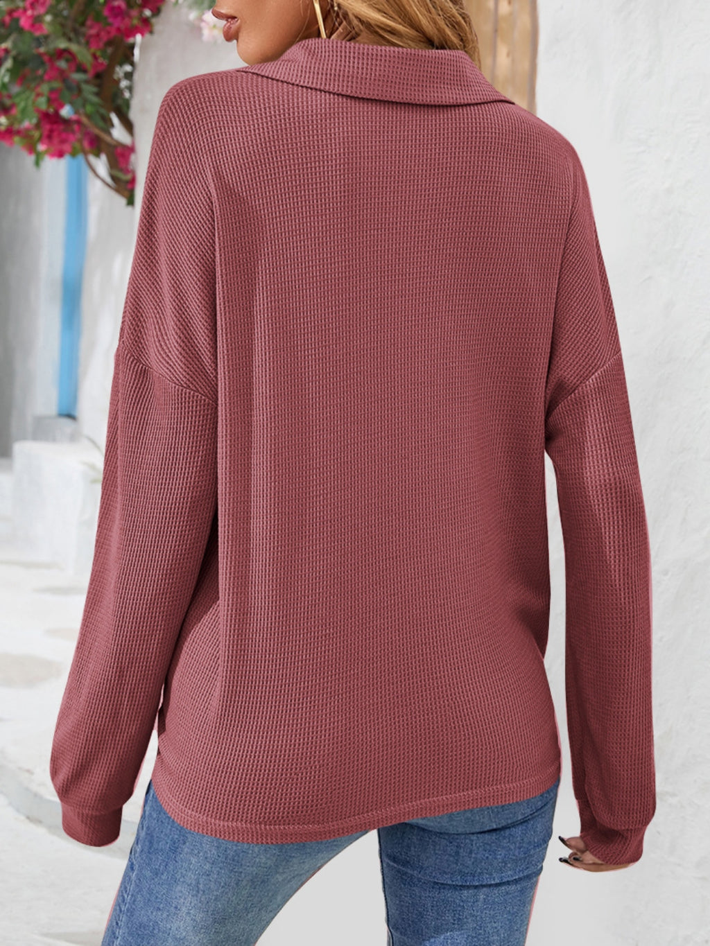 Half Button Collared Neck Long Sleeve Top (3)