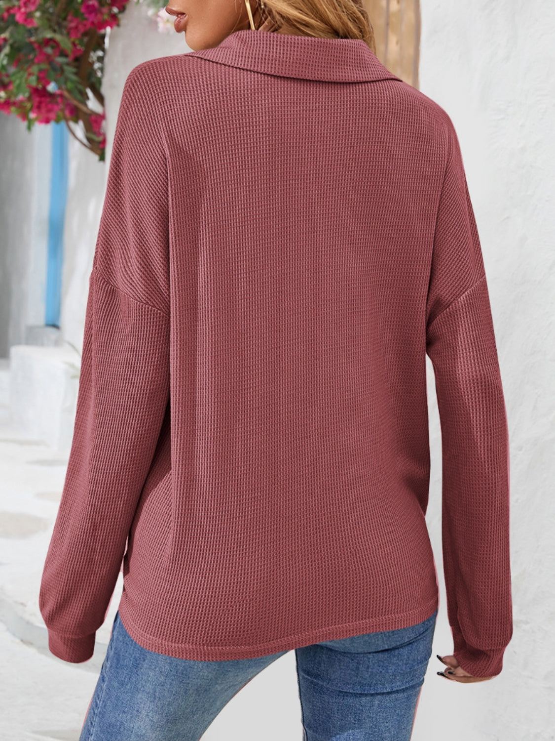 Half Button Collared Neck Long Sleeve Top (3)