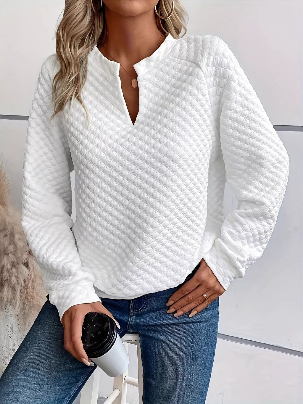 Quilted Texture Long Sleeve Sweatshirt Notched Neck (2)