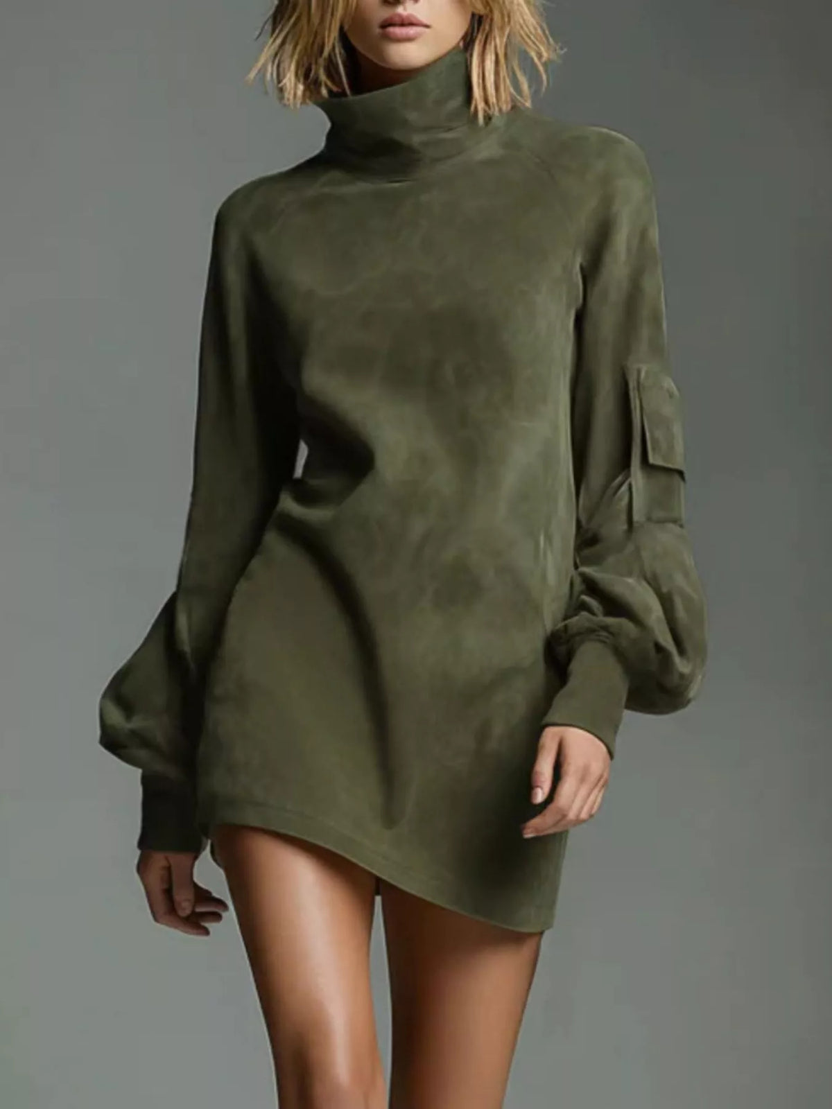 Full Size Suede Turtleneck Lantern Sleeve Mini Dress Plus (6)