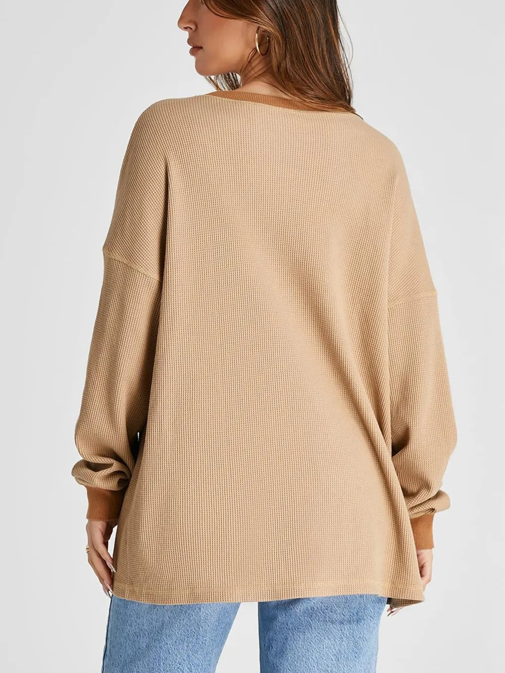 Waffle Knit Round Neck Long Sleeve T-shirt (12)