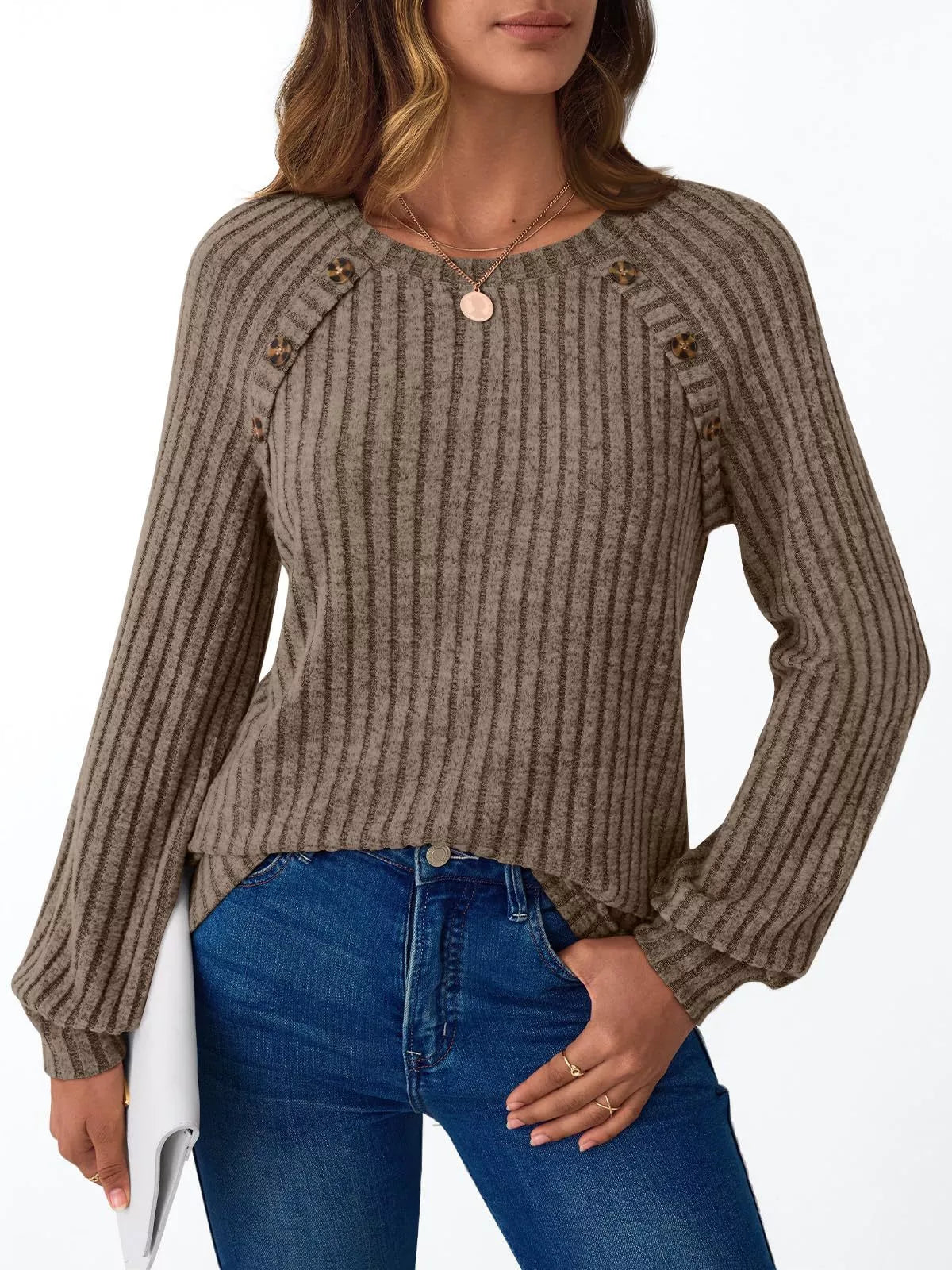 Ribbed Knit Decor Button Long Sleeve T-shirt (27)