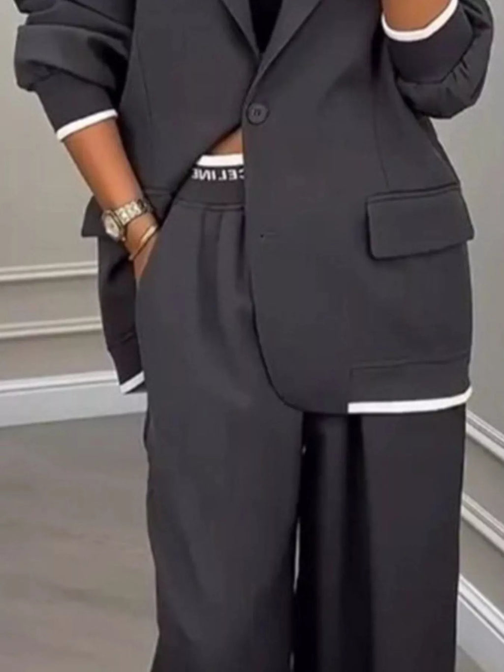 Full Size One Button Blazer Wide-leg Pants Set Plus (10)