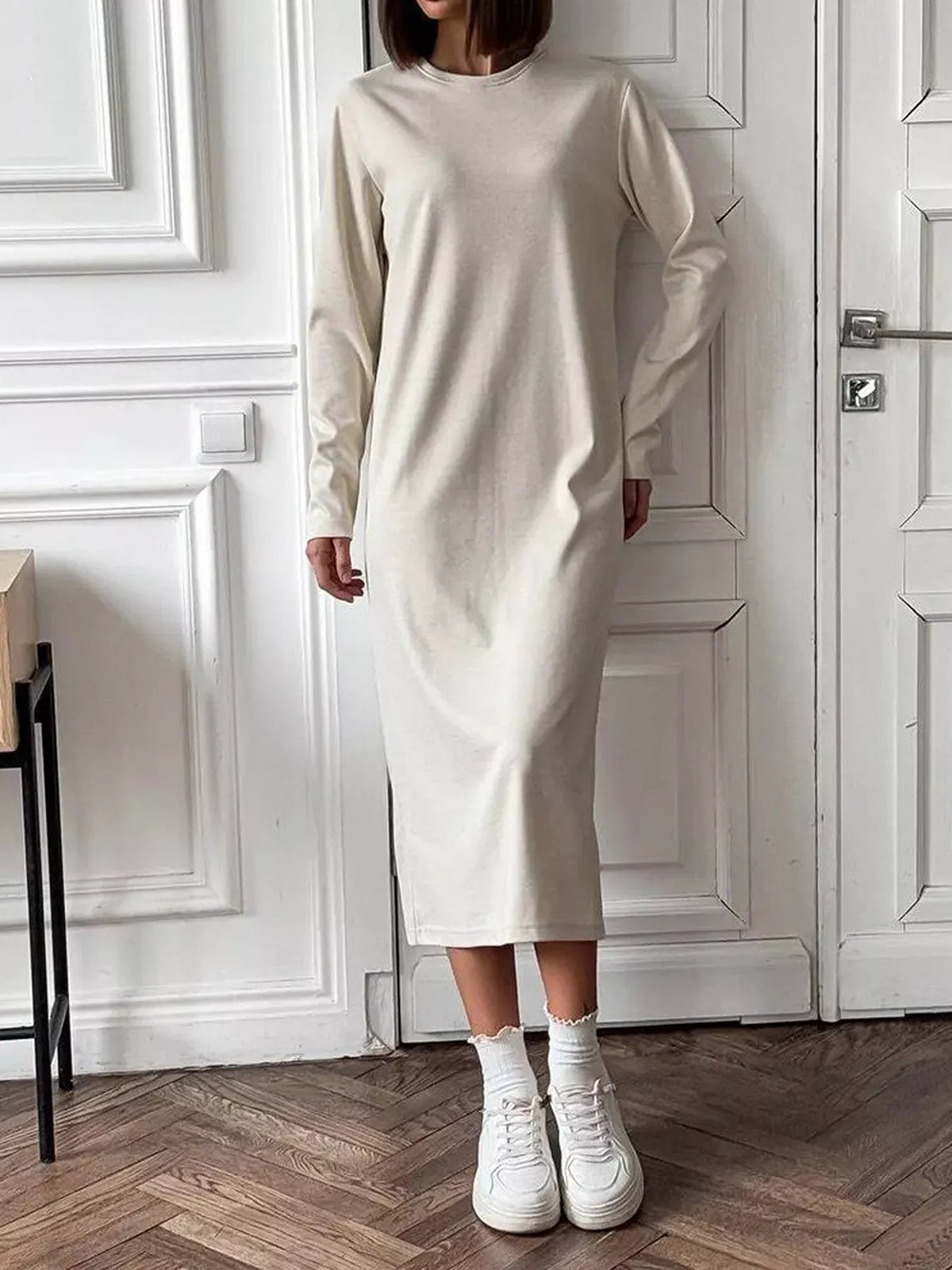 Round Neck Long-sleeve Midi Dress (2)