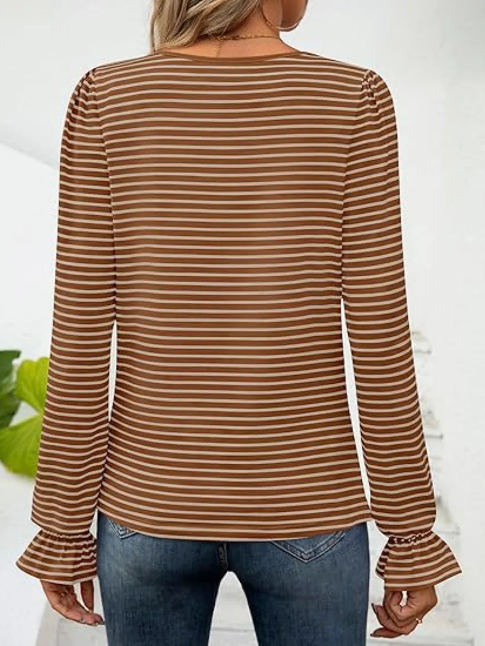 Striped Square Neck Flounce Sleeve Top (31)