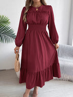 Round Neck Balloon Sleeve Tiered Dress (10)
