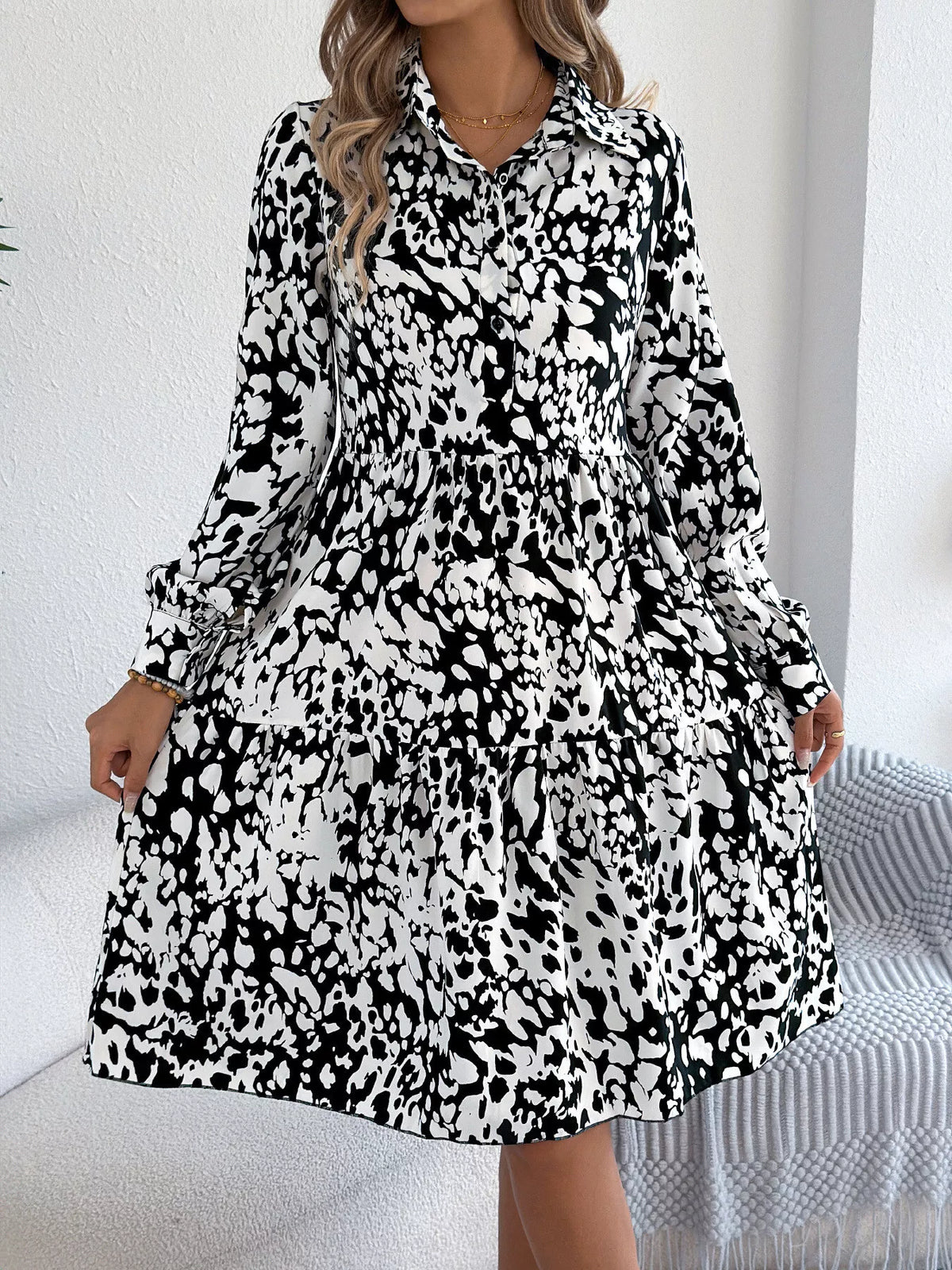 Printed Collared Neck Long Sleeve Dress (14)