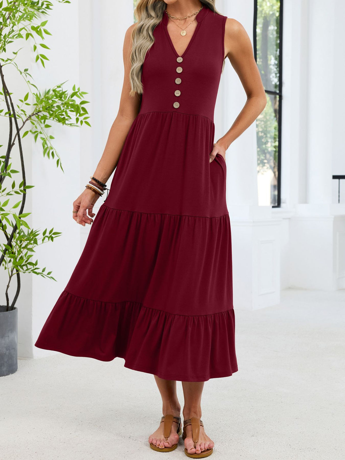 Sleeveless Notched Tiered Midi Dress (11)