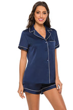 Printed Button Up Short Sleeve Top Shorts Lounge Set (23)