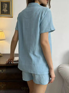 Button Up Short Sleeve Shirt Shorts Set (9)