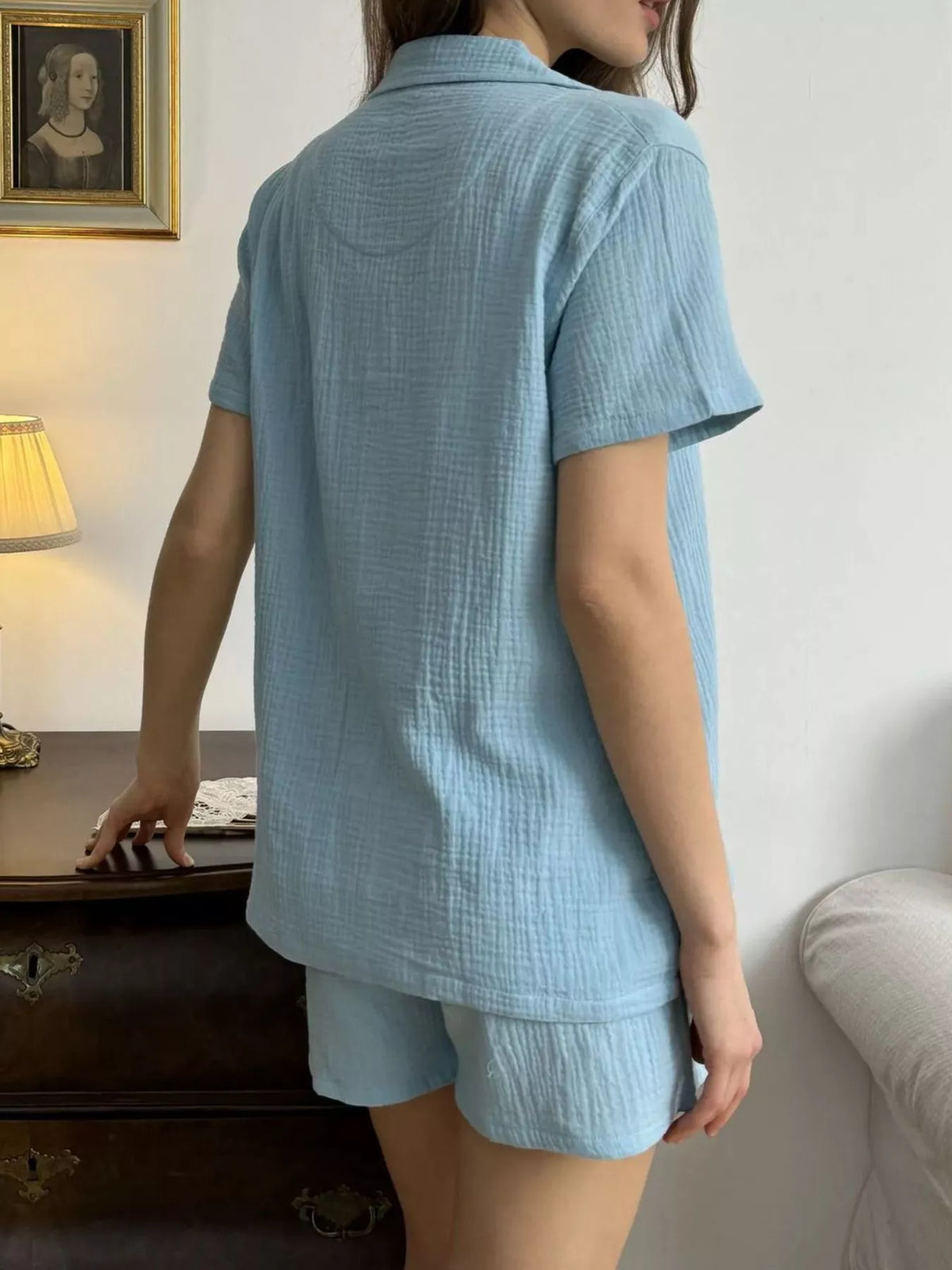 Button Up Short Sleeve Shirt Shorts Set (9)