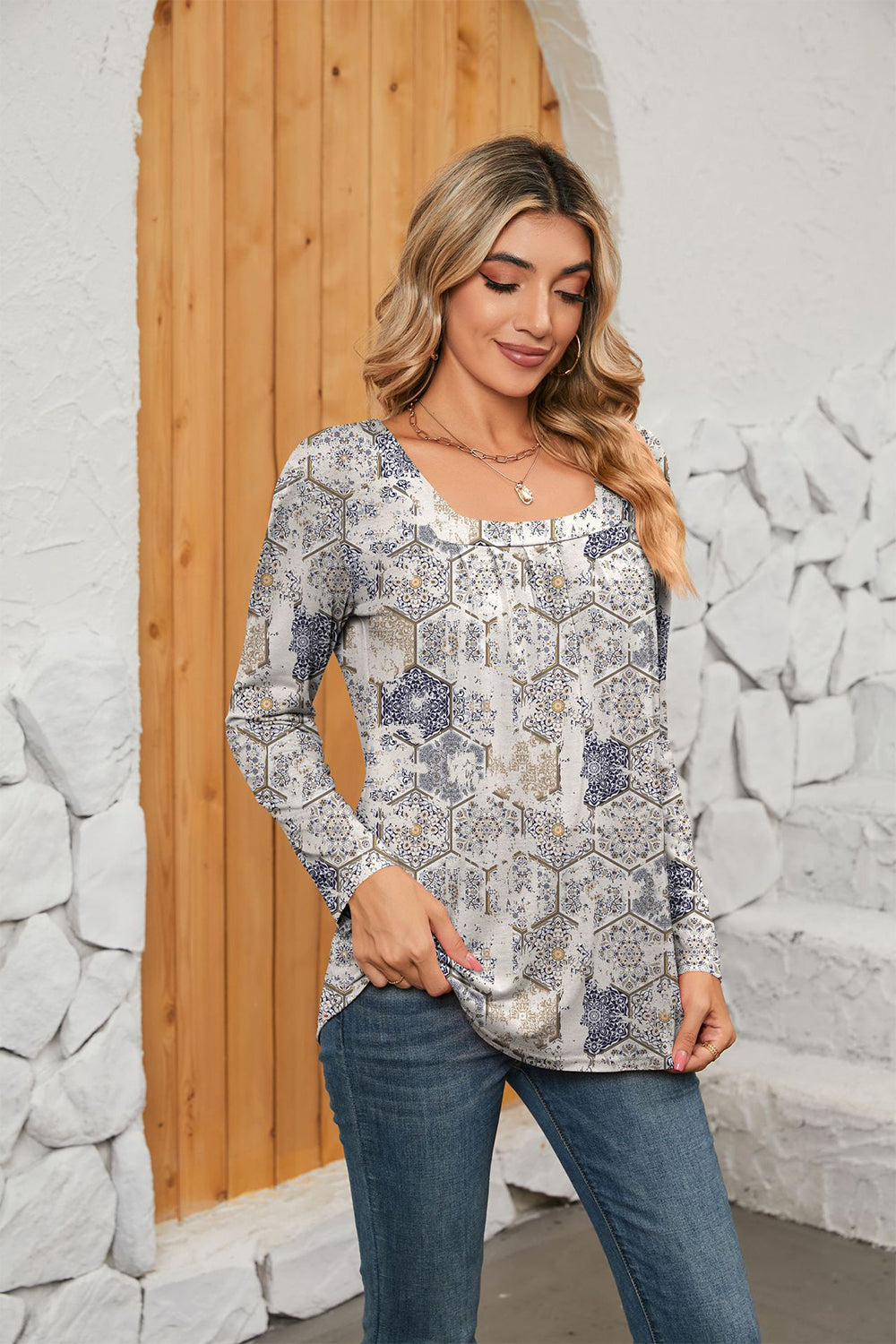 Printed Square Neck Long Sleeve Blouse (14)