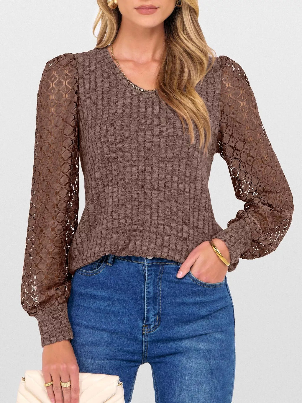 Lace Sleeve V-neck T-shirt (29)