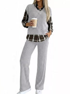 Ribbed Knit Plaid Sleeve Top Pants Set