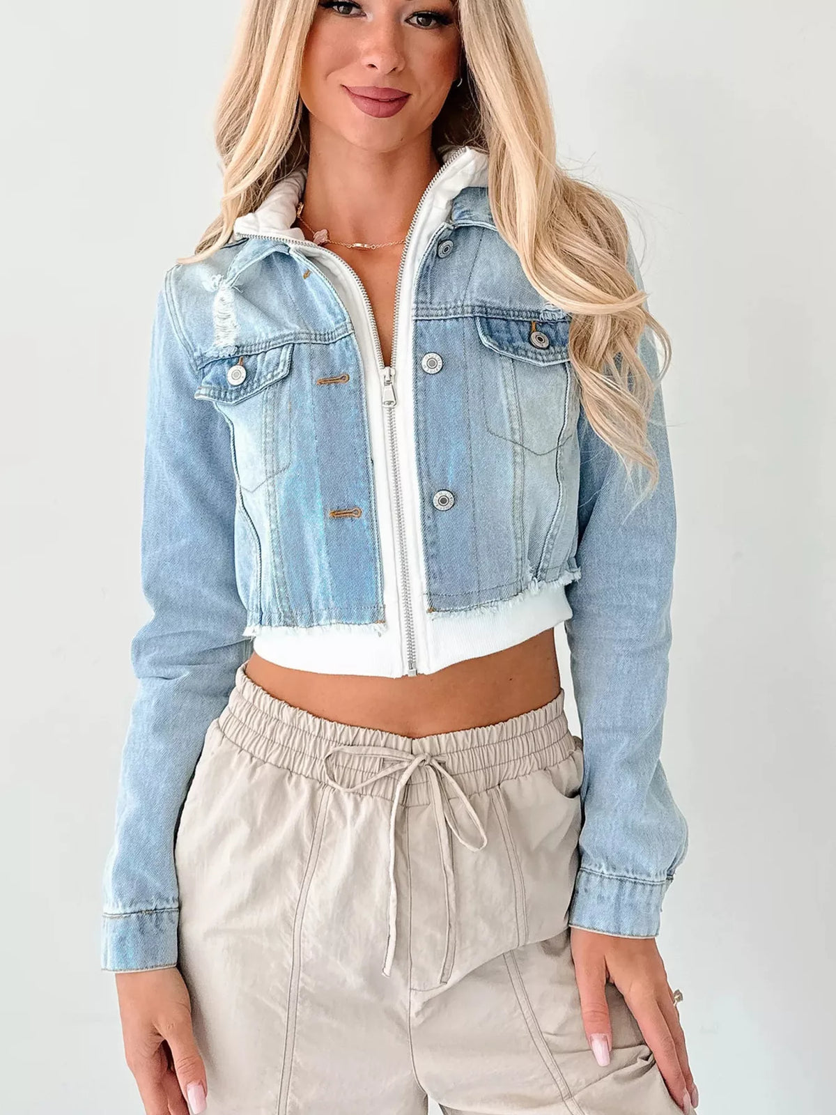 Distressed Zip Up Cropped Hooded Denim Jacket (4)