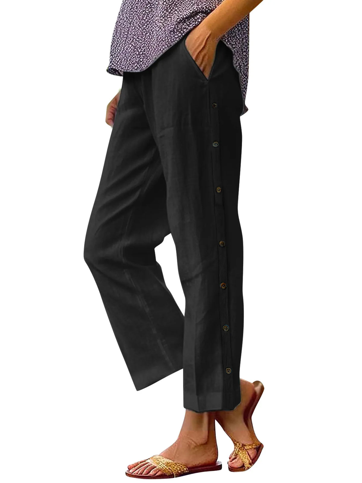 Full Size Side Decor Button Casual Wide Leg Pants Plus (12)