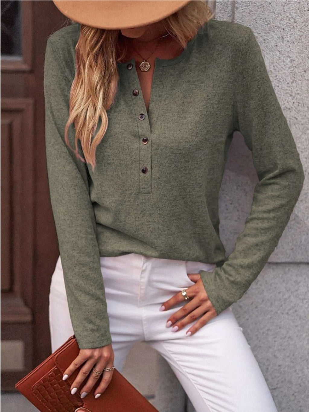 Round Neck Buttoned Long Sleeve T-shirt (8)