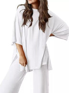 Relaxed Fit Round Neck Top Pants Two-piece Set (16)
