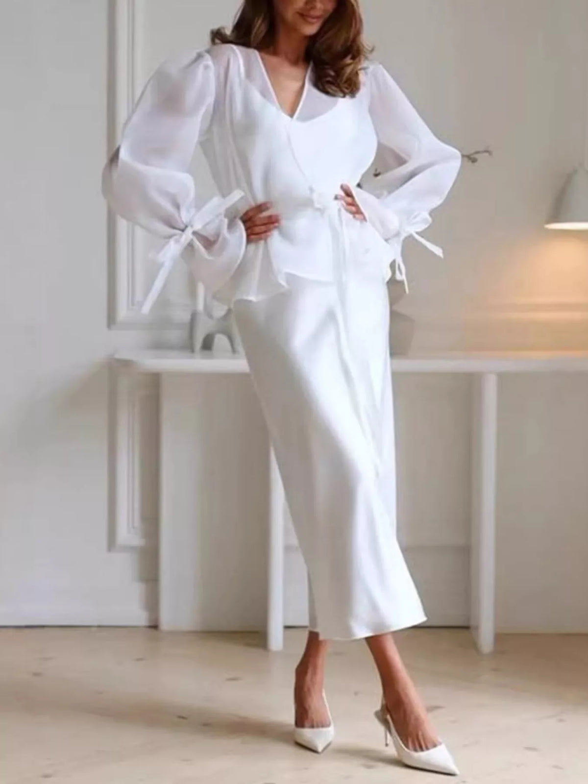 Flounce Sleeve Blouse Satin Midi Skirt Two-piece Set (11)