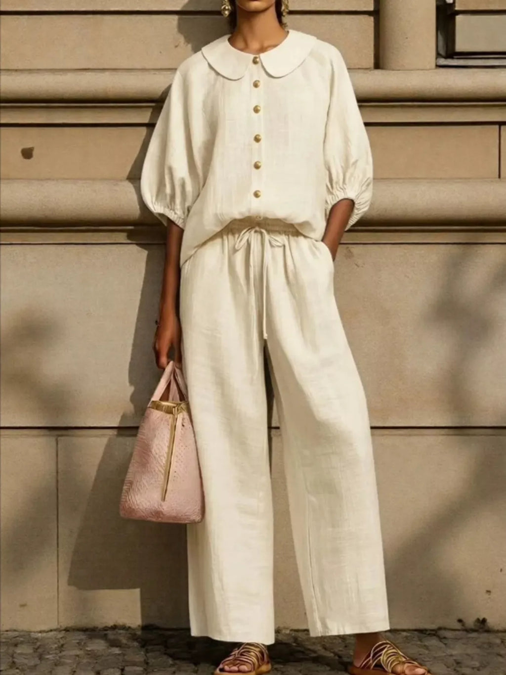Full Size Button Down Half Sleeve Top Pants Set Plus