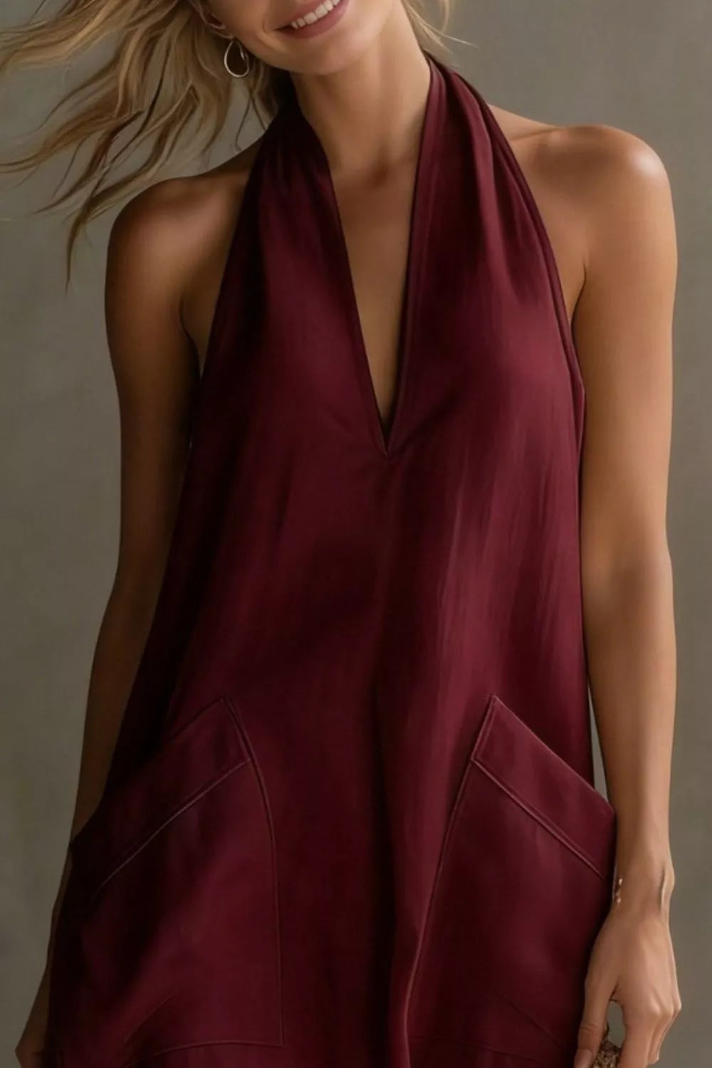 Casual Halter Neck Pocket Midi Dress (20)