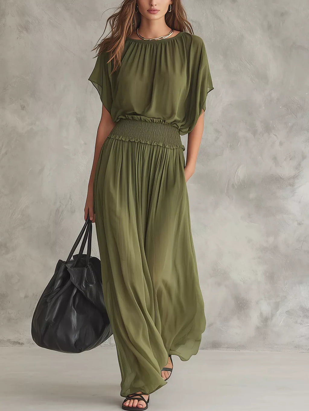 Chiffon Maxi Dress Smocked Waist