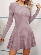 Ribbed Knit Long Sleeve A-line Dress (14)