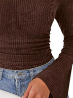 Ribbed Knit Cowl Neck Flared Sleeves Top (15)